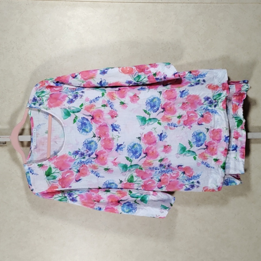 G174 Cut Loose pink & blue floral 3/4 sleeve linen tunic M
